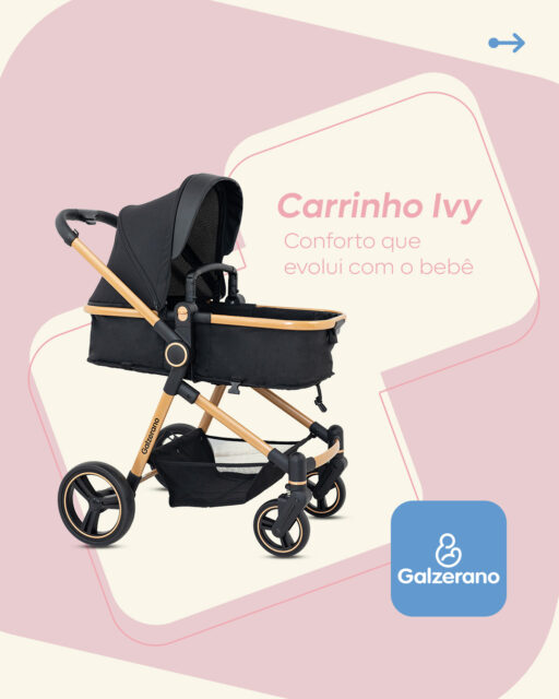 Com o bebê, a rotina pode mudar de ritmo e ganhar novas versões a qualquer momento. Por isso, o Carrinho Ivy da Galzerano traz conforto, liberdade e estilo para cada jeito de passear, desde o nascimento. 

✅ Uso desde o nascimento até os 22 kg 
✅ Capota alongada com zíper, visor e retrátil 
✅ Estrutura em alumínio 
✅ Encosto regulável em multiposições 
✅ Protetor frontal removível 
✅ Cesto reversível 
✅ Versatilidade nas duas posições: berço e passeio 
✅ Cinto de segurança de 5 pontos com abertura em apenas um clique 
✅ Rodas dianteiras com amortecimento, giratórias e com travamento 
✅ Amplo porta-objetos 

Visite uma de nossas lojas parceiras e saiba mais. 💛